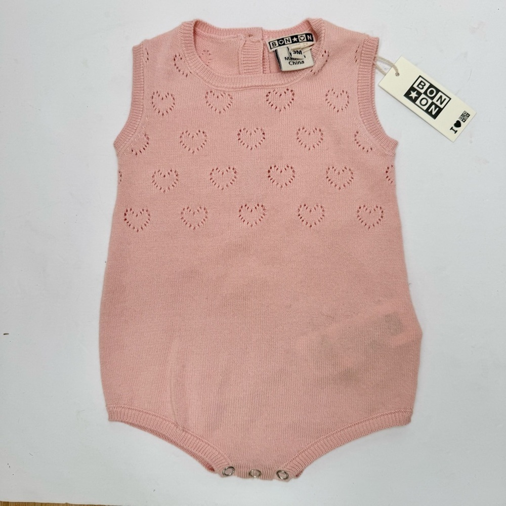 NWT BONTON Paris Pink Knit Pointelle Heart Romper One Piece 3M